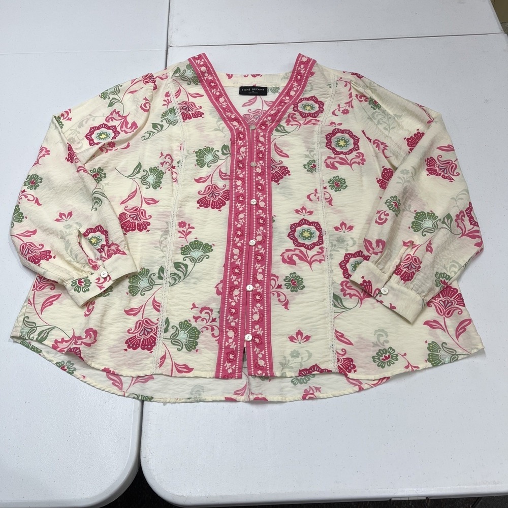 Lane Bryant Top Pink Floral Button Down Blouse Size 20 Lace Trim Spring Easter - Picture 3 of 10